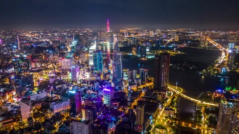 Hyperlapse Aerial view of night traffic city lights in Ho Chi Minh City,Vietnam Vídeos de archivo 252400145