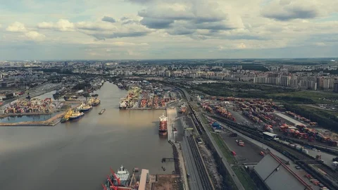 Hyperlapse aerial view of the port with postal ships containers trains and Stock Footage 113191022