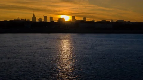 Hyperlapse aerial view of Warsaw panorama next to the Wisla river Stock Footage 136499260
