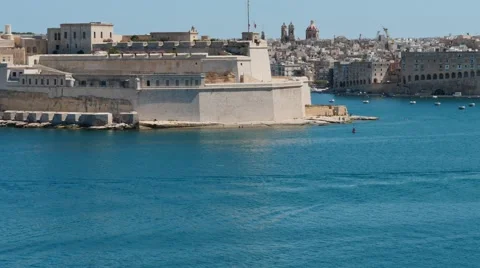 Hyperlapse along Valletta coast with many floating ships Stock Footage 63979357