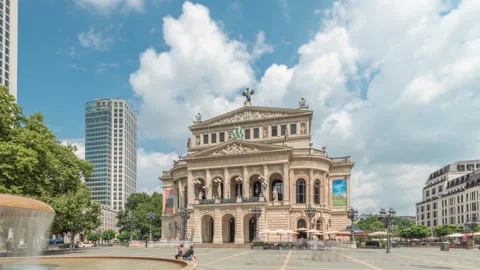 Hyperlapse of the Alte Oper or Old Opera house in Frankfurt, a concert hall in Stock Footage 308524218