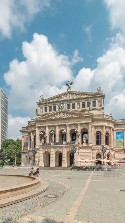 Hyperlapse of the Alte Oper or Old Opera house in Frankfurt, a concert hall in Stock Footage 313949934