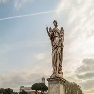 Hyperlapse Of Angel Sculpture At The Saint Angels Bridge Near Castle Stock Footage