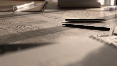 Hyperlapse of the architect's workspace with design plan and drawing supplies. Stock Footage 223101706