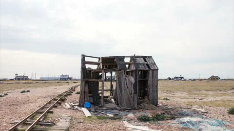 Hyperlapse around shack on the beach - loop, Dungeness, UK Stock Footage 63998403