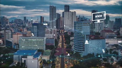 Hyperlapse of Asian cityscape with digital data overlays, showcasing urban Stock Footage 276106875
