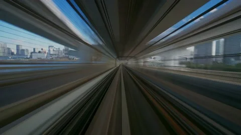 Hyperlapse of automated train moving on Rainbow bridge to Odaiba in Tokyo, Japan Stock Footage 228540631