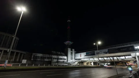 Hyperlapse of the Berlin communications tower at night. Famous historic ICC. Stock Footage 260566191