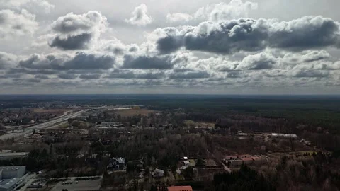 Hyperlapse Of the Big Sky Over Fields Near the Warsaw Highway. Aerial View  Stock Footage 304686584