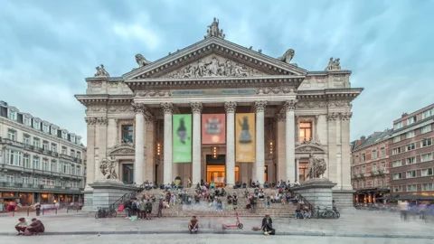 Hyperlapse of the Brussels Stock Exchange facade near Grand Place. Belgium Stock Footage 302562576