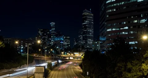 Hyperlapse of buildings in downtown Seattle from Olive Way at night Stock Footage 93914478