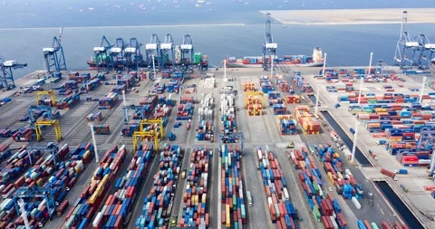 Hyperlapse of busy industrial port Stock Footage 99112865