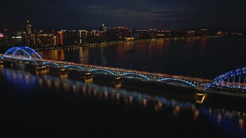 Hyperlapse captures the movement of vehicles across the bridge in Hangzhou at Stock Footage 340904105
