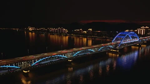 Hyperlapse captures the movement of vehicles across the bridge in Hangzhou at Stock Footage 340904133