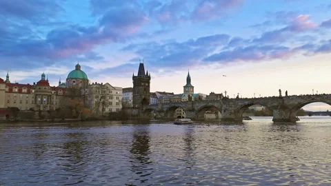 Hyperlapse of Charles Bridge and Prague City Skyline at Dusk Stock Footage 290551331