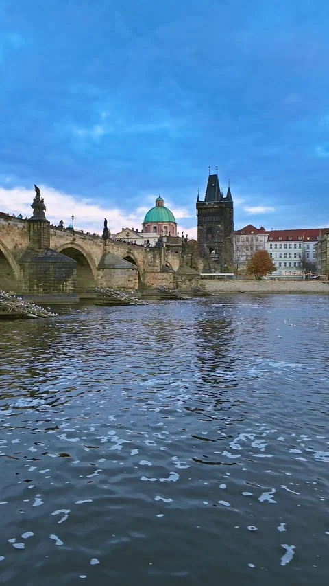 Hyperlapse of Charles Bridge and Prague City Skyline at Dusk Stock Footage 290775084