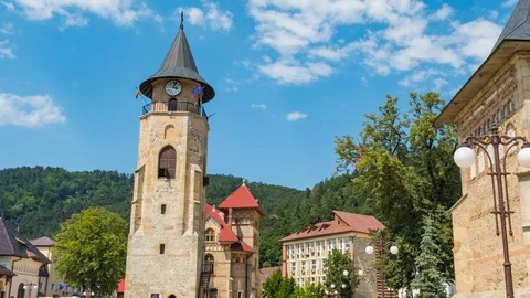 Hyperlapse Clock Tower Piatra Neamt medieval square Stock Footage 94148057