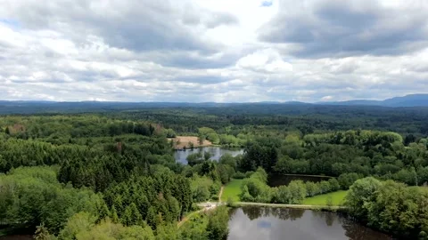 Hyperlapse clouds sun shadows drone fly over ponds forest France Vosges Stock Footage 149251392