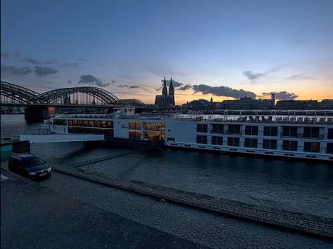 Hyperlapse of Cologne Cathedral with rhine river at sunset night Stock Footage 96810228
