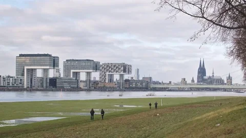 Hyperlapse of Cologne Kranhaeuser and cathedral along river rhine Stock Footage 84694891
