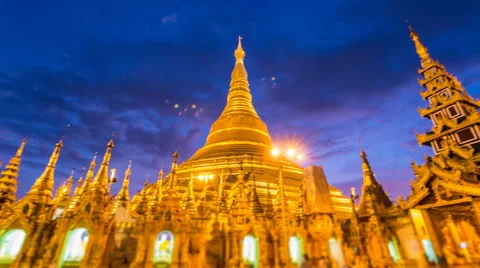 Hyperlapse Day to Night Golden Shwedagon Pagoda Of Yangon Myanmar Stock Footage