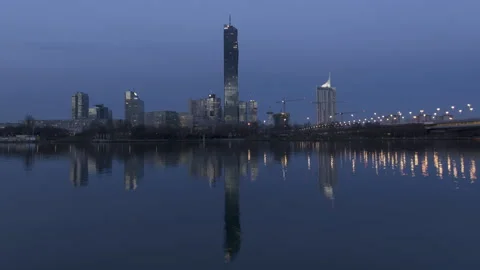 Hyperlapse day to night transition Vienna Skyline 4k waterfront Stock Footage 148035331