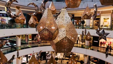 Hyperlapse of decorations in Dubai Mall during Eid with moving crowd Stock Footage 240562501