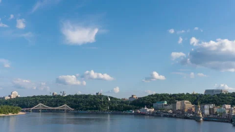 Hyperlapse of Dnieper River from Havanskyi Bridge. Kyiv's River port. Ukraine Stock Footage 198733711