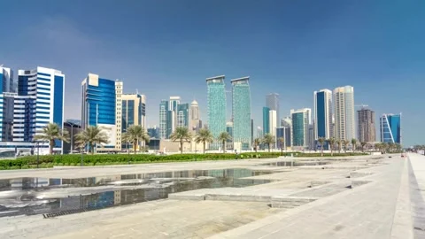 Hyperlapse of Doha's High-Rise District with Fountain Stock Footage 281162595