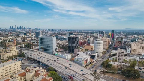 Hyperlapse of Downtown Los Angeles at sunset Stock Footage 95263159