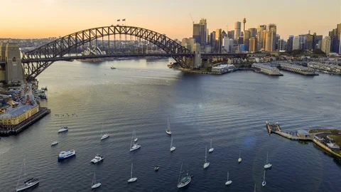 Hyperlapse drone lapse of Sydney city skyline during sunrise Stock Footage 95465056