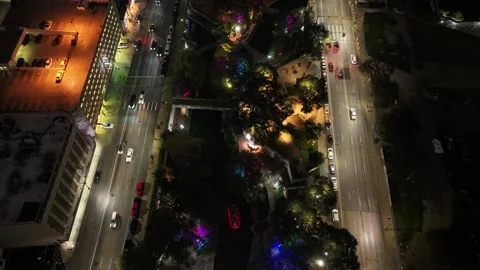 Hyperlapse Drone night flight Downtown San Antonio near Riverwalk Stock Footage 255693704