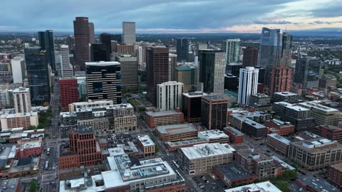 Hyperlapse drone shot around the downtown Denver skyline, dusk in Colorado, USA Video stock 316572667