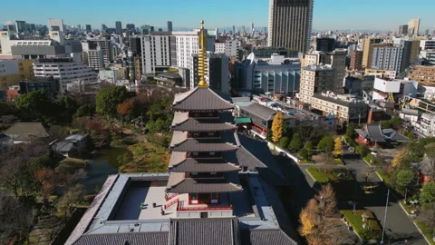 Hyperlapse drone shot around the Pagoda at Sensō-ji temple in Tokyo, fall day Stock Footage 320242875