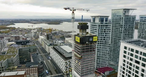 Hyperlapse drone shot of the construction of the Kalasatama towers, in Helsinki Stock Footage 304309282
