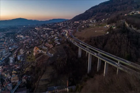 Hyperlapse drone shot of highway bridge in montreux Stock Footage 119366784