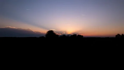 Hyperlapse drone silhouette of sunset behind darks tree, sun rays and clear sky Video stock 244979965
