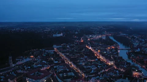 Hyperlapse Dronelapse Landshut Panorama 2 at night Stock Footage 145670541