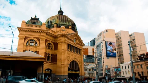 Hyperlapse of Flinders Street Station on a cloudy day Stock Footage 94606133
