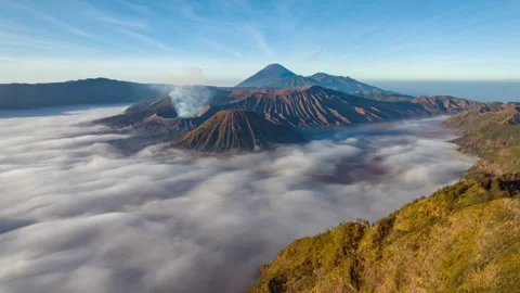 Hyperlapse flying to Bromo volcano above sea of clouds, Java, Indonesia Видео 250525308