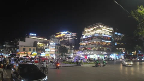 Hyperlapse forward round-about traffic Hanoi Old Quarters at night Видео 286346472