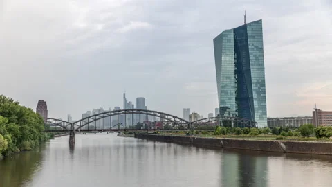 Hyperlapse of Frankfurt skyline featuring the modern ECB headquarters skyscraper Stock Footage 302354365