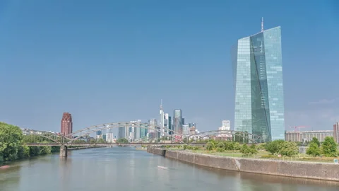 Hyperlapse of Frankfurt skyline featuring the modern ECB headquarters skyscraper Stock Footage 302356740