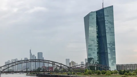Hyperlapse of Frankfurt skyline featuring the modern ECB headquarters skyscraper Stock Footage 308521660