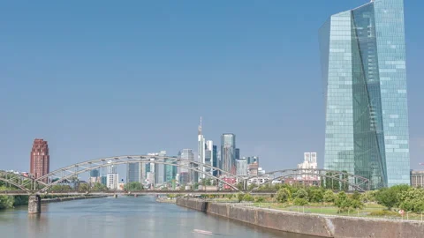 Hyperlapse of Frankfurt skyline featuring the modern ECB headquarters skyscraper Stock Footage 308524462