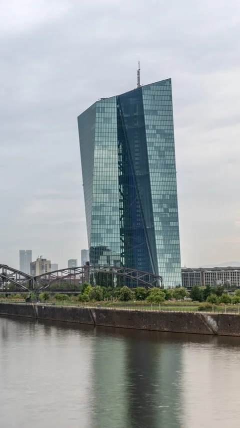 Hyperlapse of Frankfurt skyline featuring the modern ECB headquarters skyscraper Video stock 313948739
