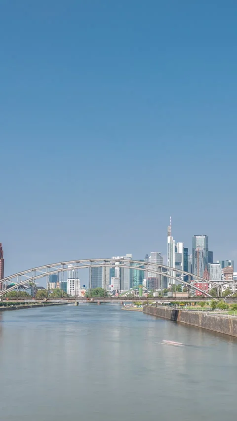 Hyperlapse of Frankfurt skyline featuring the modern ECB headquarters skyscraper Video stock 319757543