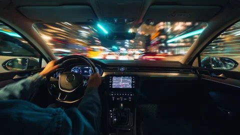 Hyperlapse high speed drive in city at night, car inside view, blur light trails Stock Footage 297718629