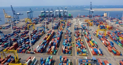 Hyperlapse of industrial port with container yard Stock Footage 99112991