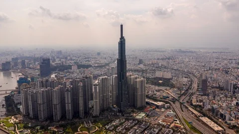 Hyperlapse Landmark 81 and Ho Chi Minh City downtown Stock Footage 96760875